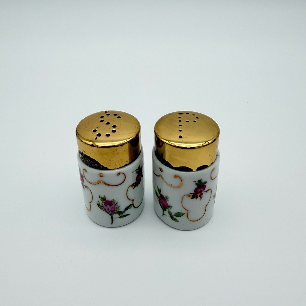 Vintage Porcelain Floral Salt and Pepper Shakers Pink Roses Gold Trim Set of 2
